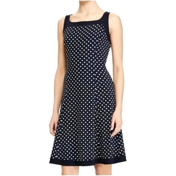 NEW! Lauren Ralph Lauren Polka Dot Jersey Knit Dress Sleeveless Navy Blue SZ 10 - Picture 1 of 7
